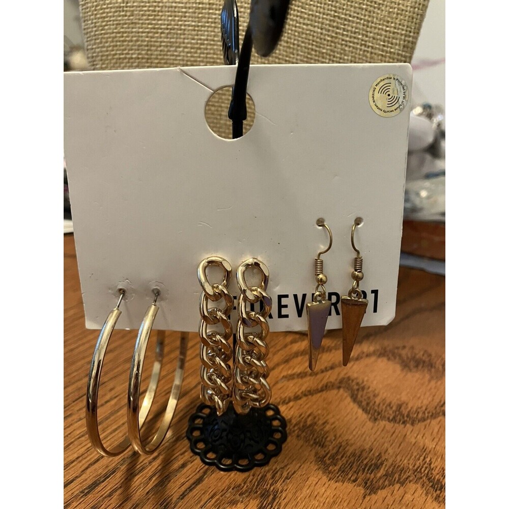 Forever 21 3 Pack Earrings Gold Tone Hoops, Chains, Triangle Dangles